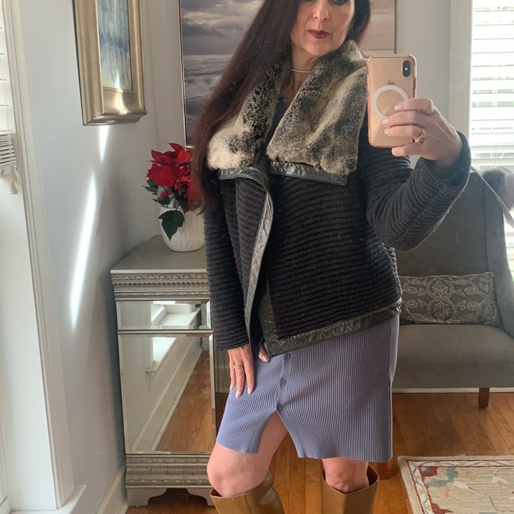 ST. JOHN Designer fur Coat Jacket Leather Wool Rabbit Gray S 4 6 Luxury - Picture 12 of 14